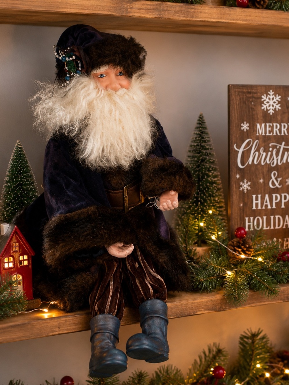 Whimsical Santa Figurine with Blue Coat